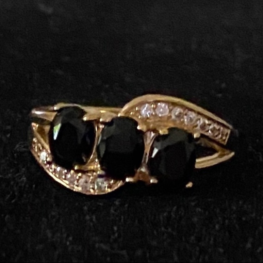 Sz 7 STAMPED 925 14 K GF 3 BLACK SAPPHIRES RING - Picture 11 of 11